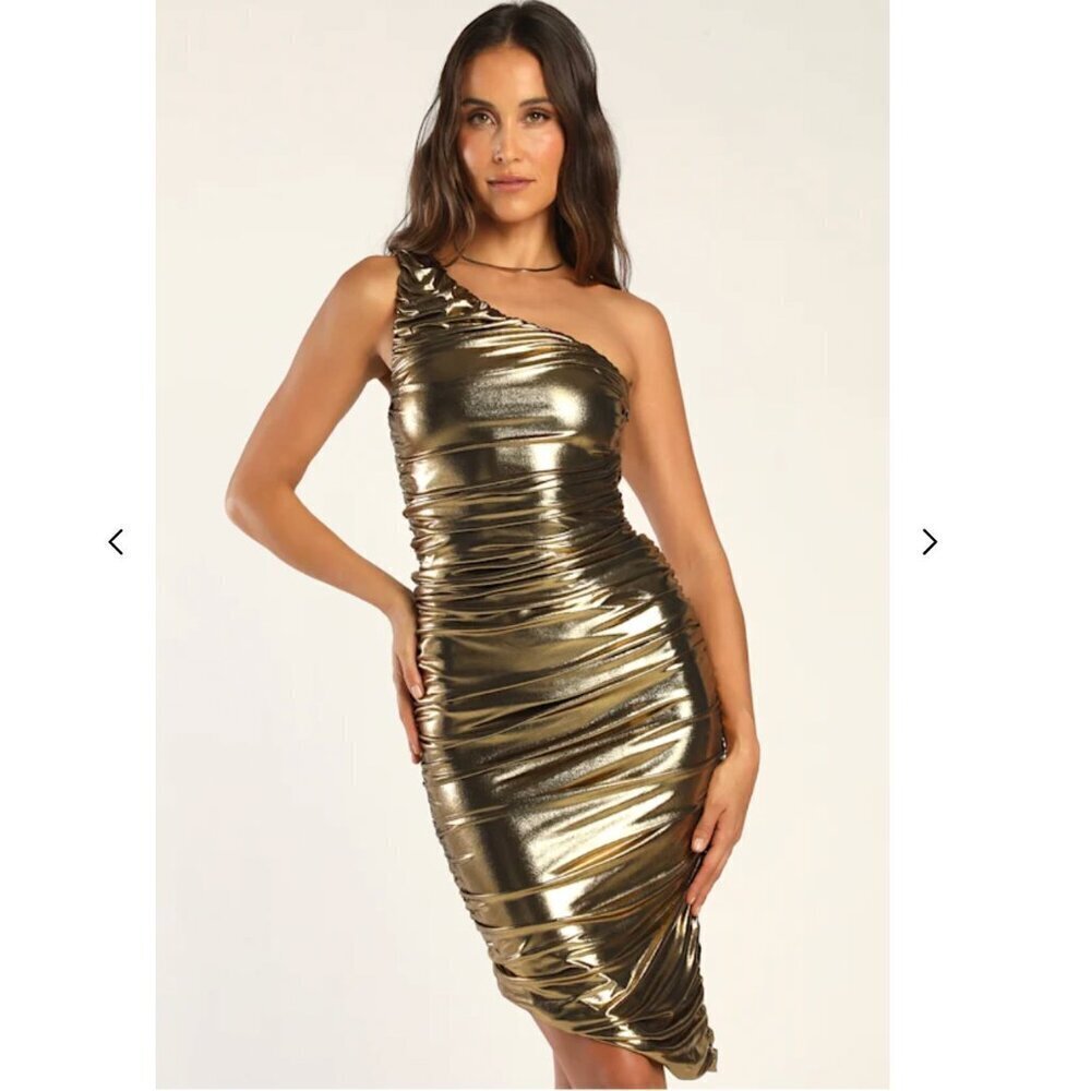 Lulus Reflections Of Style Shiny Gold One-Shoulder Bodycon Mini Dress Size XS